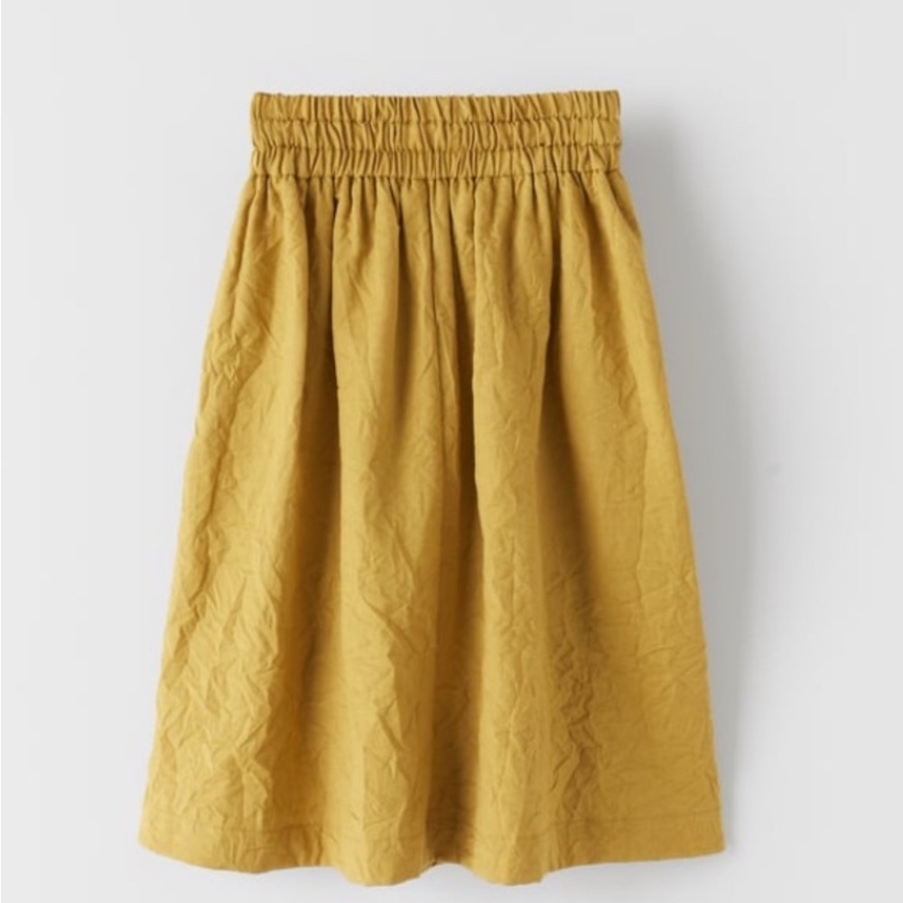 Zara Drawstring Elastic-Waist Wrinkle Fabric Midi Skirt in Mustard Yellow - Picture 2 of 6